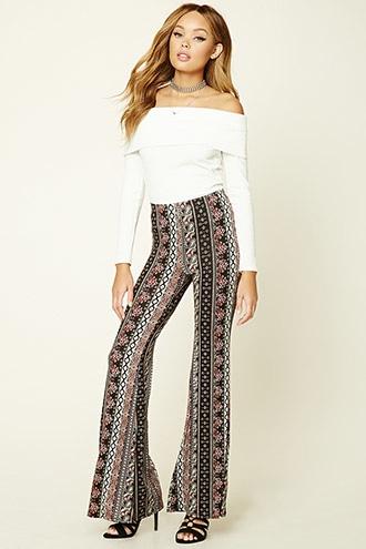 Forever21 Women's  Black & Burgundy Ornate Print Flared Pants