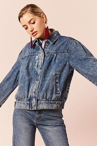 Forever21 Stone Wash Denim Bomber Jacket