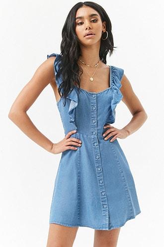 Forever21 Chambray Button-front Ruffle-trim Mini Dress