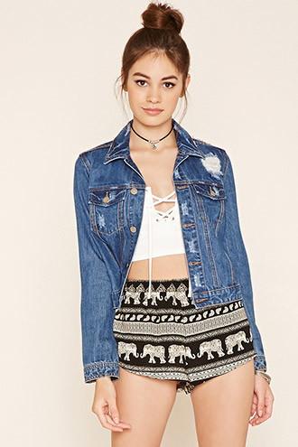 Forever21 Women's Black & Cream Ornate Elephant Print Shorts