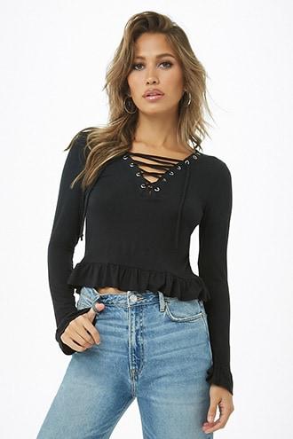 Forever21 Lace-up Ruffle-trim Top