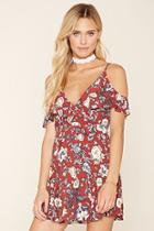 Forever21 Women's  Rust & Blue Floral Open-shoulder Dress