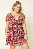 Forever21 Plus Women's  Berry & Cream Plus Size Belted Floral Dress