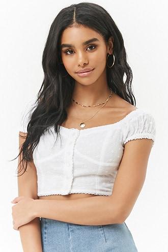 Forever21 Off-the-shoulder Eyelet Crop Peasant Top