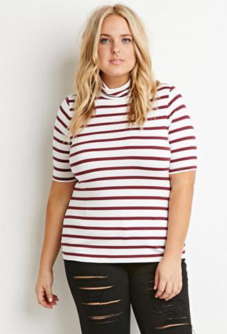 Forever21 Plus Women's  Striped Turtleneck Top (ivory/burgundy)