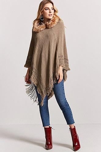 Forever21 Faux Fur Hooded Poncho Sweater