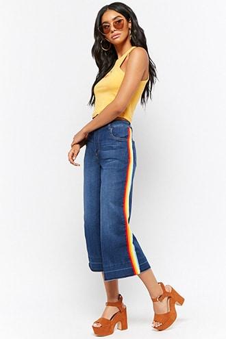 Forever21 Rainbow Striped-trim Wide-leg Ankle Jeans