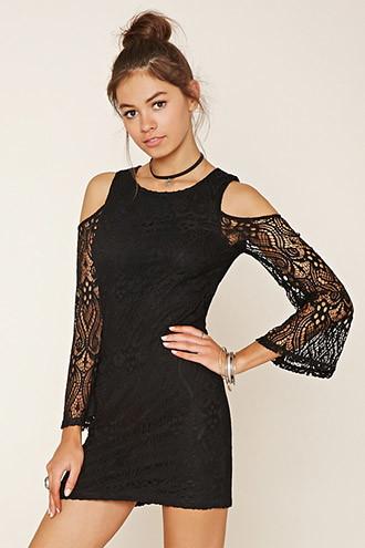 Forever21 Women's  Black Lace Open-shoulder Dress