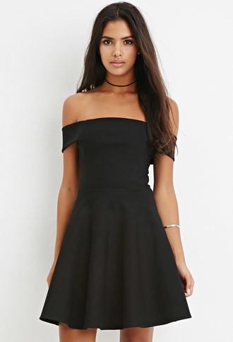 Forever21 Women's  Off-the-shoulder Fit & Flare Dress (black)