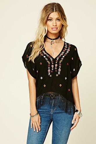 Forever21 Women's  Plunging Tassel-trim Top