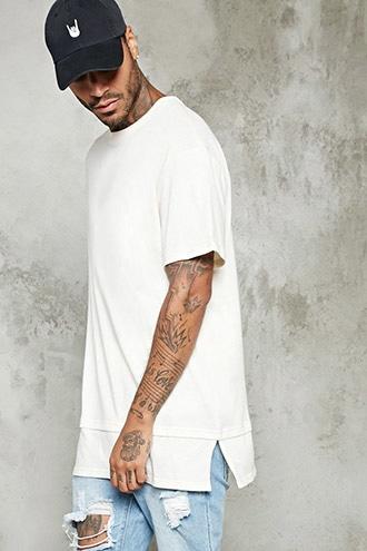 21 Men Men's  Cream Layered Hem Longline Tee