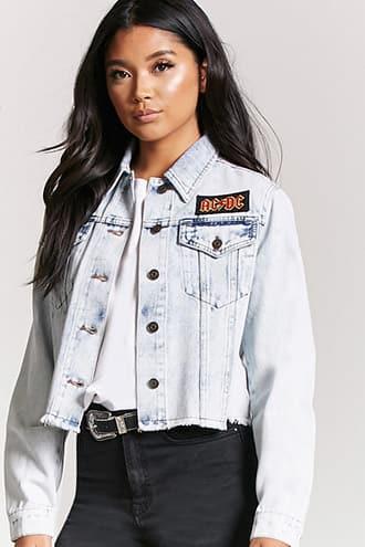Forever21 Acdc Graphic Acid Wash Denim Jacket