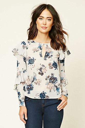 Love21 Women's  Grey & Navy Contemporary Floral Top