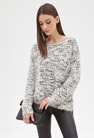 Forever21 Fuzzy Marled Knit Sweater Grey/cream Small