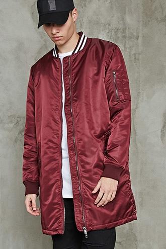 21 Men Men's  Burgundy Longline Padded Bomber Jacket