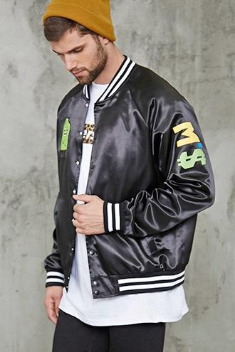 Forever21 Patched Satin Baseball Jacket