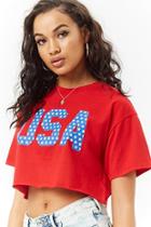 Forever21 Cropped Usa Raw-cut Graphic Tee