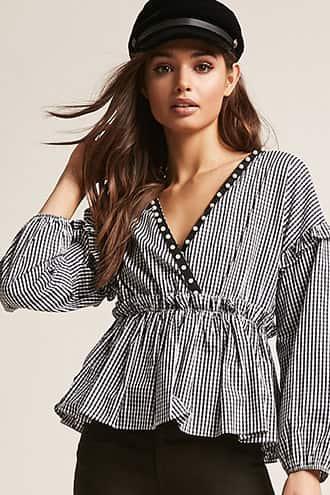 Forever21 Gingham Surplice Faux Pearl Ruffle-trim Top