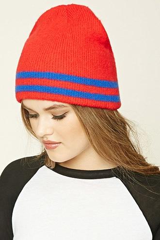 Forever21 Women's  Red & Blue Striped Ribbed Knit Beanie