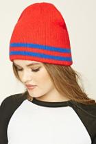 Forever21 Women's  Red & Blue Striped Ribbed Knit Beanie