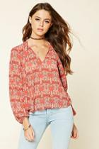 Forever21 Women's  Coral & Brown Semi-sheer Floral Blouse