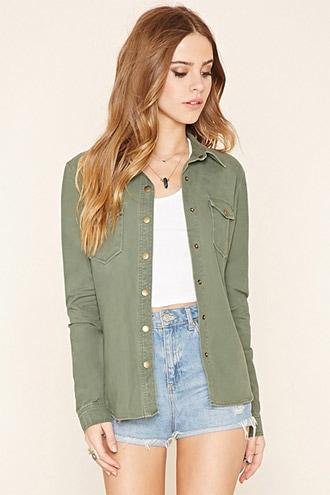 Forever21 Women's Olive Snap-button Cotton Jacket