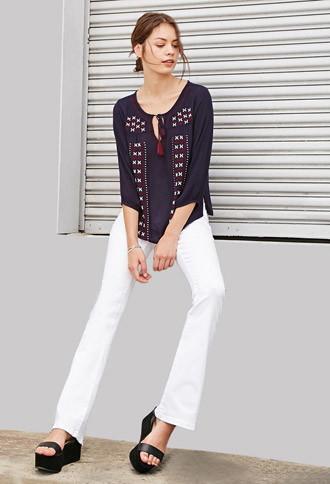 Forever21 Women's  Embroidered Gauze Peasant Top (navy/multi)