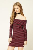 Forever21 Women's  Burgundy & Navy Stripe Off-the-shoulder Dress