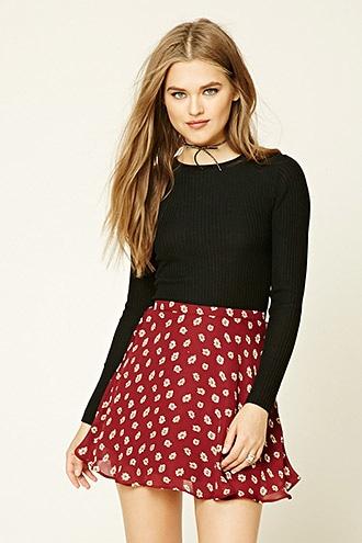 Forever21 Women's  Wine & Cream Floral Daisy Mini Skirt
