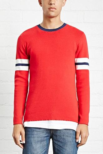 21 Men Men's  Red & Black Stripe-sleeve Sweater
