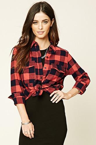 Forever21 Women's  Orange & Navy Buffalo Plaid Flannel Shirt