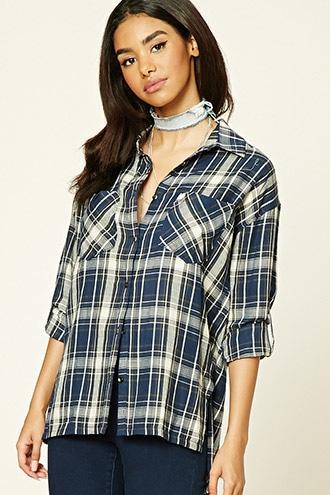 Forever21 Women's  Navy Plaid Button-front Shirt