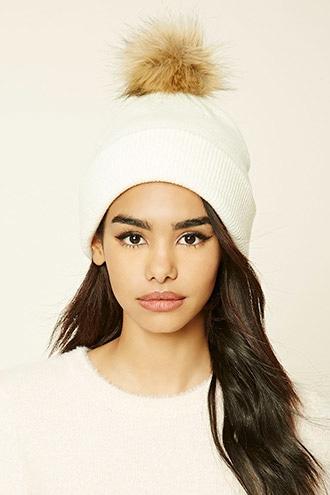 Forever21 Women's  Cream & Natural Faux Fur Pom-pom Beanie