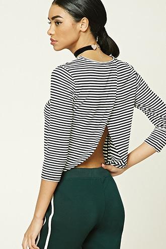 Forever21 Women's  Black & Cream Stripe Ribbed Knit Top