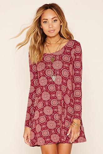 Forever21 Women's  Wine & Cream Medallion Print Flared Dress