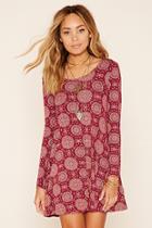 Forever21 Women's  Wine & Cream Medallion Print Flared Dress
