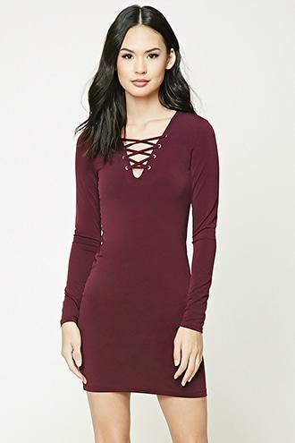 Forever21 Women's  Plum Lace-up Bodycon Dress