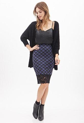 Forever21 Plaid & Lace Pencil Skirt