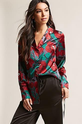 Forever21 Floral Satin Pajama-inspired Shirt