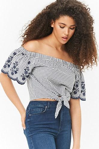 Forever21 Embroidered Gingham Off-the-shoulder Crop Top