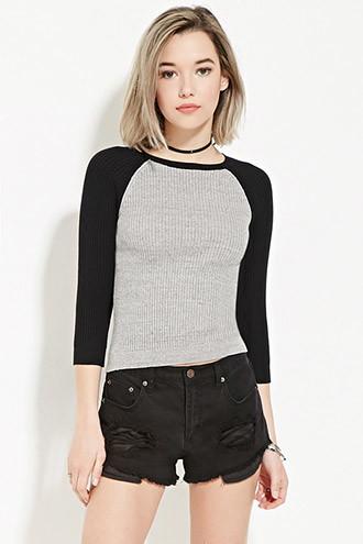 Forever21 Women's  Heather Grey & Black Ribbed Baseball Sweater