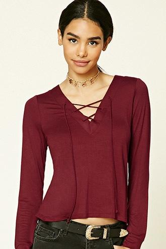 Forever21 Women's  Burgundy Lace-up V-neck Top