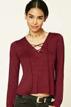 Forever21 Women's  Burgundy Lace-up V-neck Top