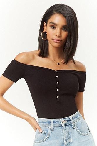 Forever21 Off-the-shoulder Mock Button Crop Top