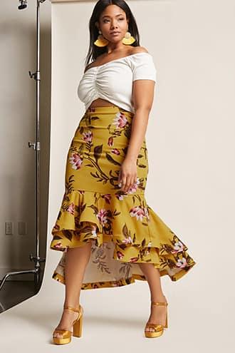 Forever21 Eta Plus Size Floral Flounce Hem Skirt