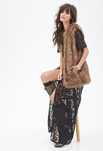 Forever21 Longline Faux Fur Vest Brown Small