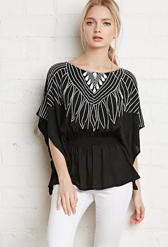 Forever21 Women's  Southwestern Embroidered Top (black/cream)