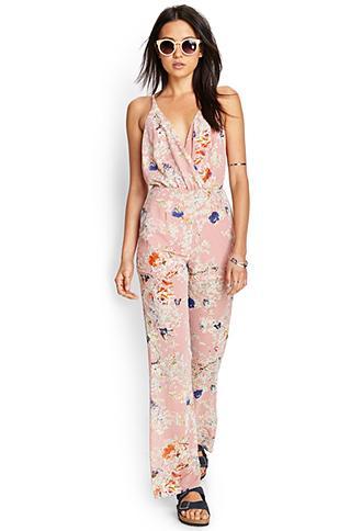 Forever21 Retro Floral Jumpsuit Dusty Pink/multi Small