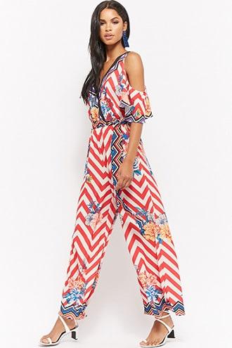 Forever21 Floral Chevron Open-shoulder Jumpsuit