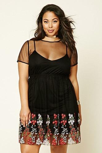 Forever21 Plus Women's  Black & Red Plus Size Embroidered Dress